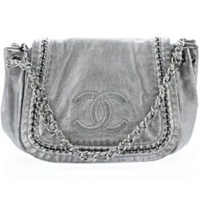 Chanel Silver Metallic Chain-Trim Shoulder Bag